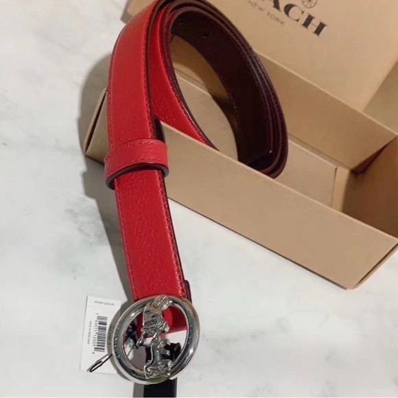 Coach Red and Brown Leather Belt with Silver Coach Logo Buckle